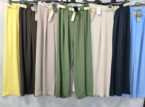 Wide Leg Beige Belted Trousers