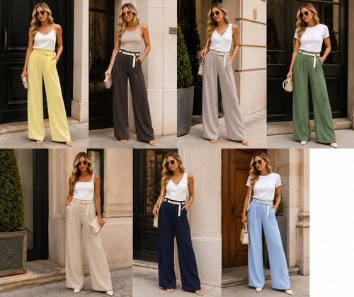 Wide Leg Beige Belted Trousers