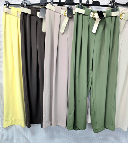 Wide Leg Beige Belted Trousers