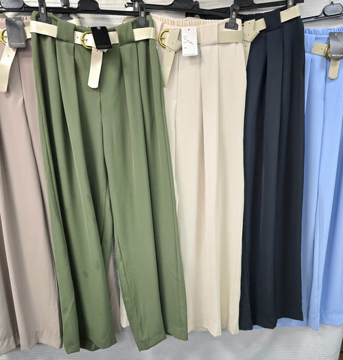 Wide Leg Beige Belted Trousers