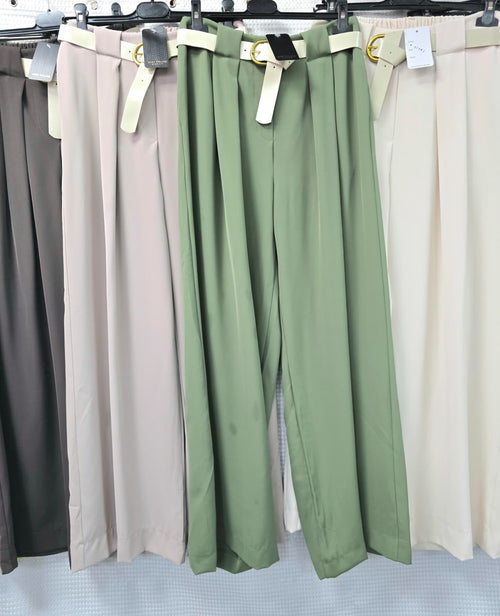 Wide Leg Beige Belted Trousers