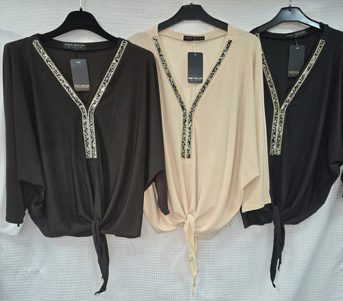 Plain V Diamante Trim Tie Slinky Blouse