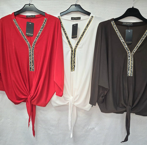 Plain V Diamante Trim Tie Slinky Blouse