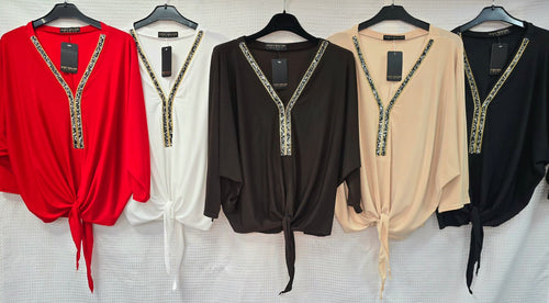 Plain V Diamante Trim Tie Slinky Blouse