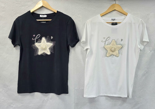 Crochet Sequin Pearl Star T-shirt