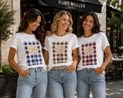 Check Daisy Cotton High Low T-shirt