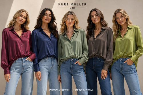 Sateen V Collar High Low Padded Shoulder Blouse