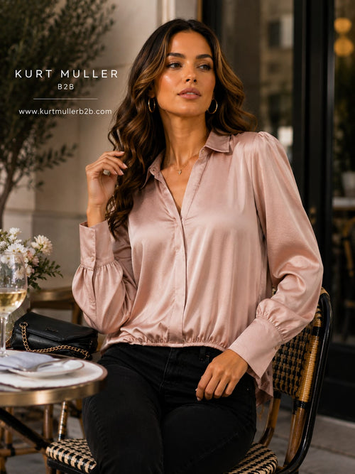 Sateen V Collar High Low Padded Shoulder Blouse