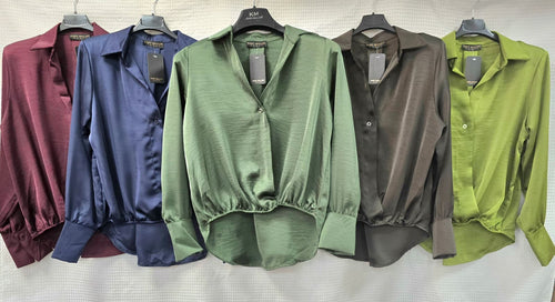 Sateen V Collar High Low Padded Shoulder Blouse