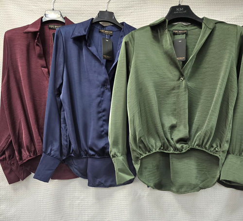Sateen V Collar High Low Padded Shoulder Blouse