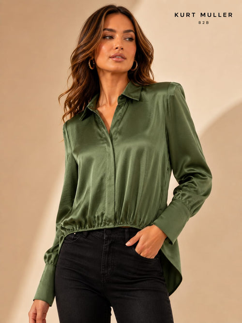 Sateen V Collar High Low Padded Shoulder Blouse