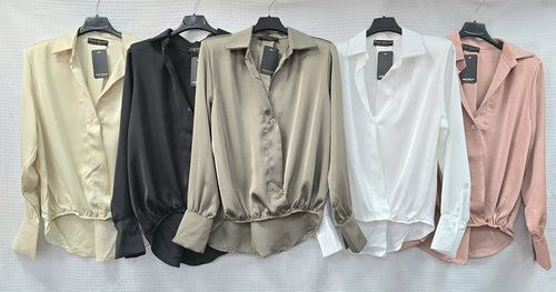Sateen V Collar High Low Padded Shoulder Blouse