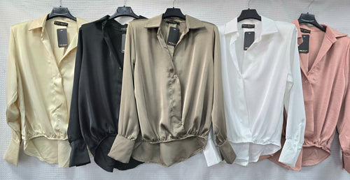 Sateen V Collar High Low Padded Shoulder Blouse