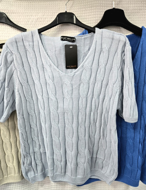 Cable V Neck Pure Cotton Fine Knit
