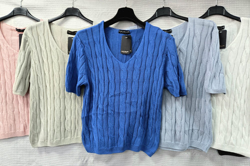 Cable V Neck Pure Cotton Fine Knit