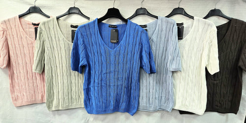 Cable V Neck Pure Cotton Fine Knit