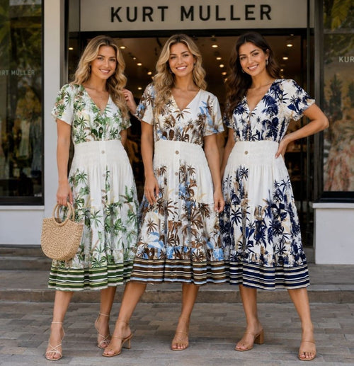Palms Print V Midi Dress