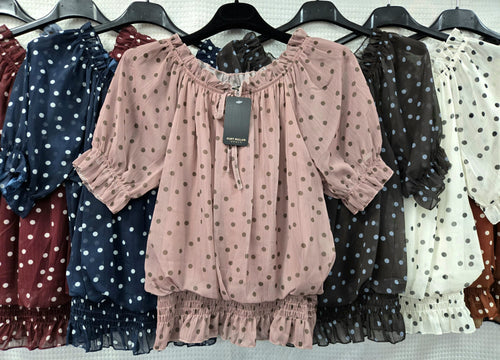 Polka Dot Bardot Chiffon Top