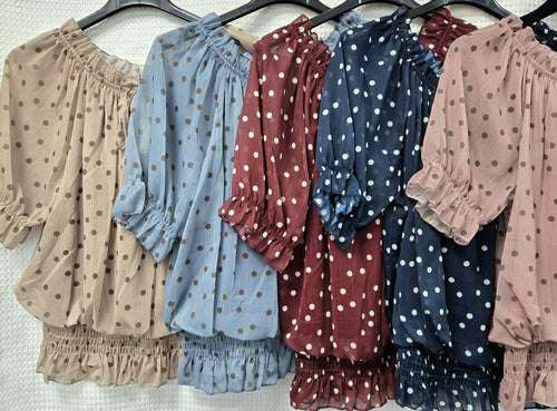 Polka Dot Bardot Chiffon Top