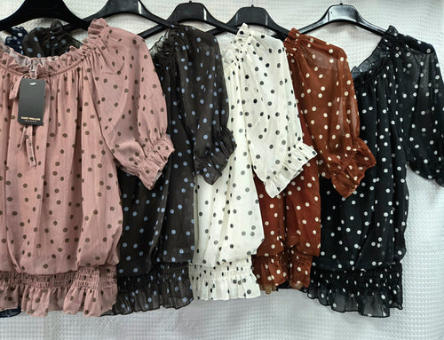Polka Dot Bardot Chiffon Top