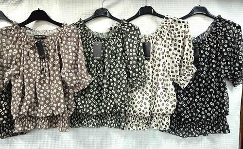 Dominoes Print Ruffle Bardot Chiffon Top