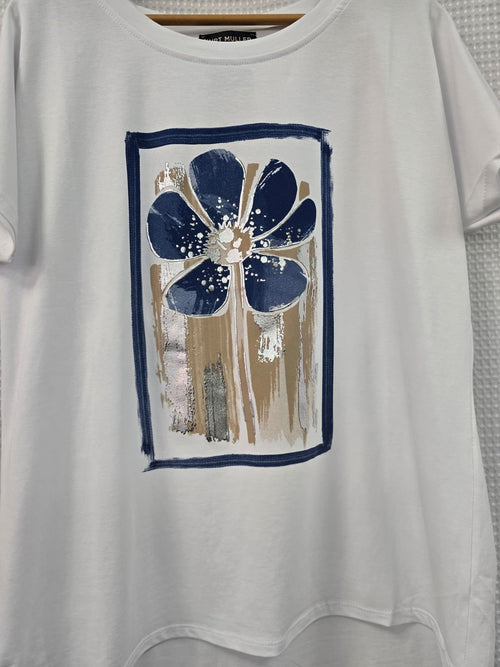 Metallic Big Flower Cotton High Low T-shirt
