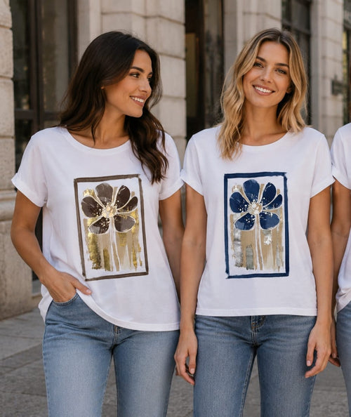 Metallic Big Flower Cotton High Low T-shirt