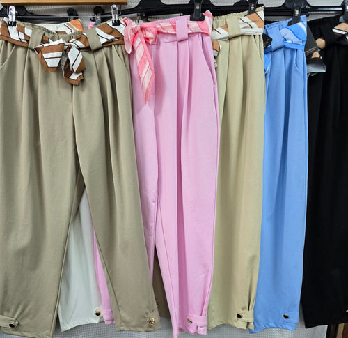Gold Button Scuba Cotton Belt Trousers