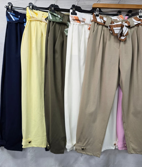 Gold Button Scuba Cotton Belt Trousers