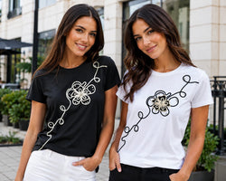 Crochet Floral Stud Cotton T-shirt