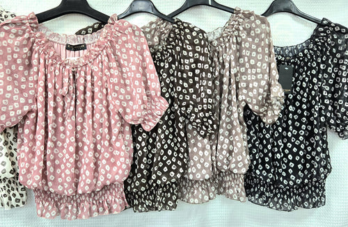 Dominoes Print Ruffle Bardot Chiffon Top