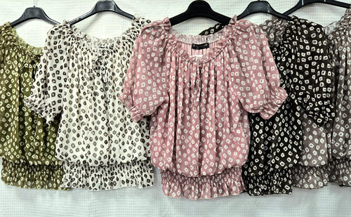 Dominoes Print Ruffle Bardot Chiffon Top