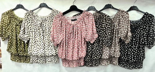 Dominoes Print Ruffle Bardot Chiffon Top
