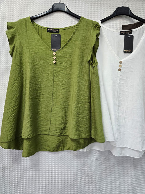 V Neck Button Frill Sleeve Top