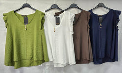 V Neck Button Frill Sleeve Top