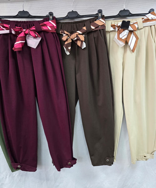 Gold Button Scuba Carrot Cotton Belt Trousers
