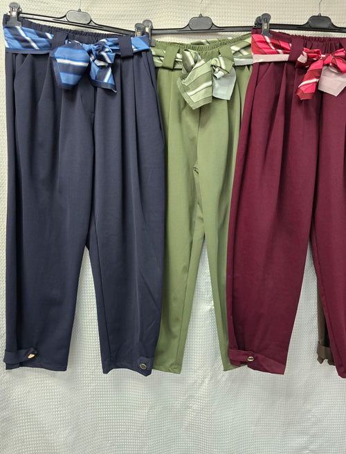 Gold Button Scuba Carrot Cotton Belt Trousers