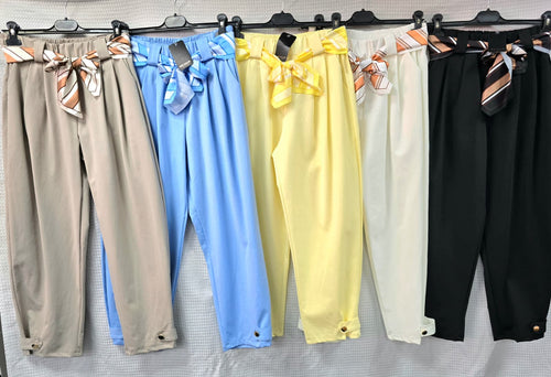 Gold Button Scuba Carrot Cotton Belt Trousers