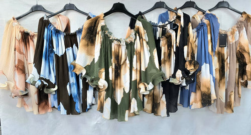 Floral Plissee Long Sleeve Bardot blouse