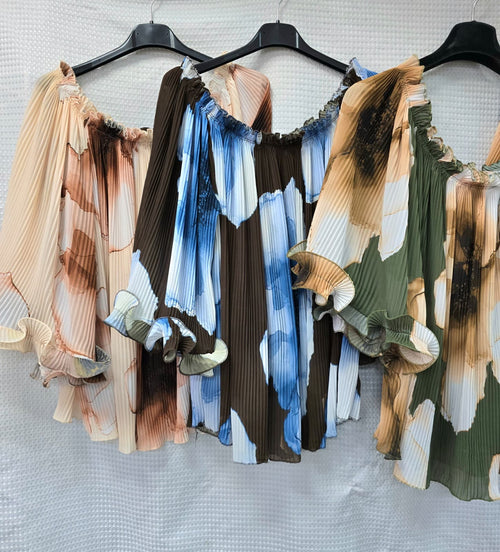 Floral Plissee Long Sleeve Bardot blouse