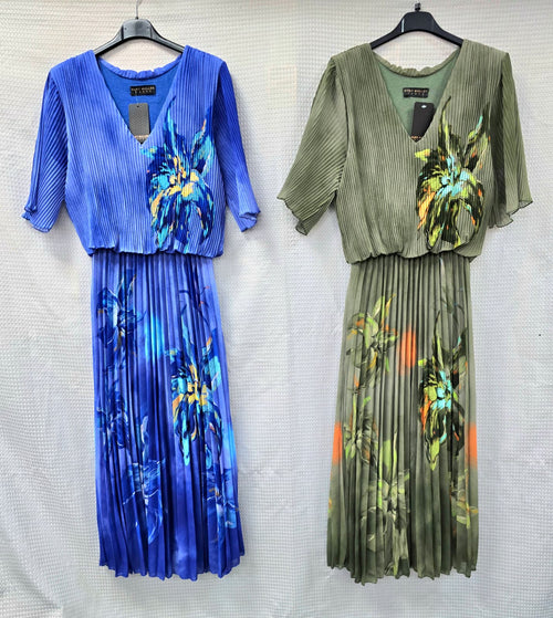 Floral Digital Print V Neck Pleated Plisse Maxi Dress