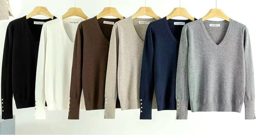 V Gold Button Cuff Fine Knit Jumper