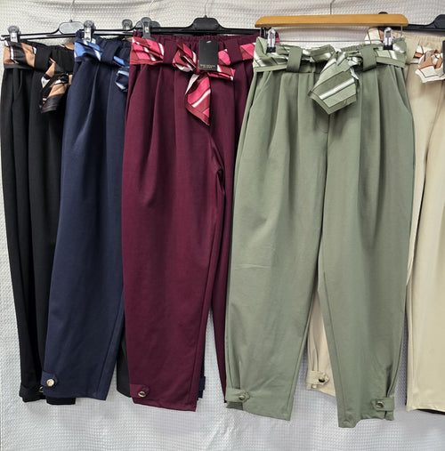 Silk Scarf Gold Button Carrot Cotton Belt Trousers