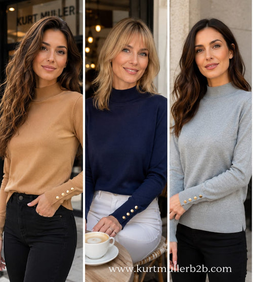 Gold Button Soft Turtle Neck Fine Knit