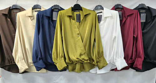 Sateen V Collar High Low Padded Shoulder Blouse