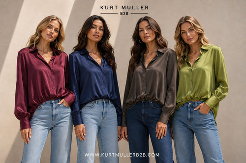 Sateen V Collar High Low Padded Shoulder Blouse