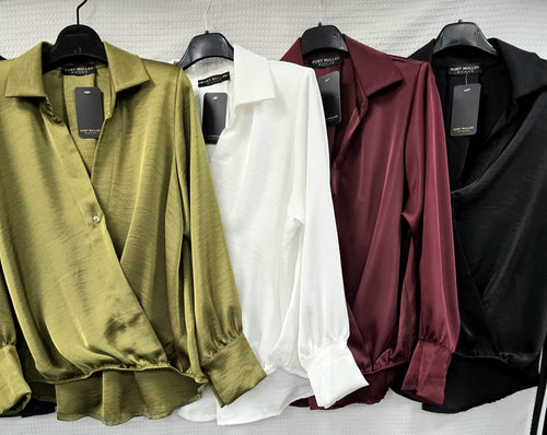 Sateen V Collar High Low Padded Shoulder Blouse