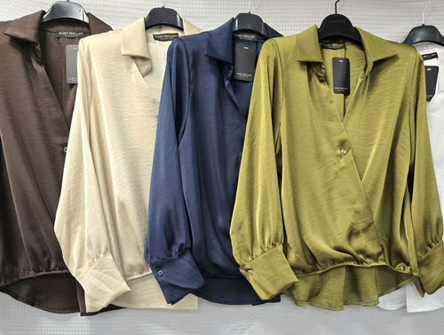 Sateen V Collar High Low Padded Shoulder Blouse