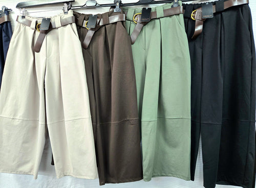 Cotton Barrel Leg Belted Trousers