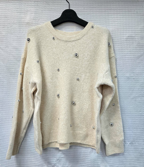 Cream Silver 3D Pearl Wool Blend Fine Knit
